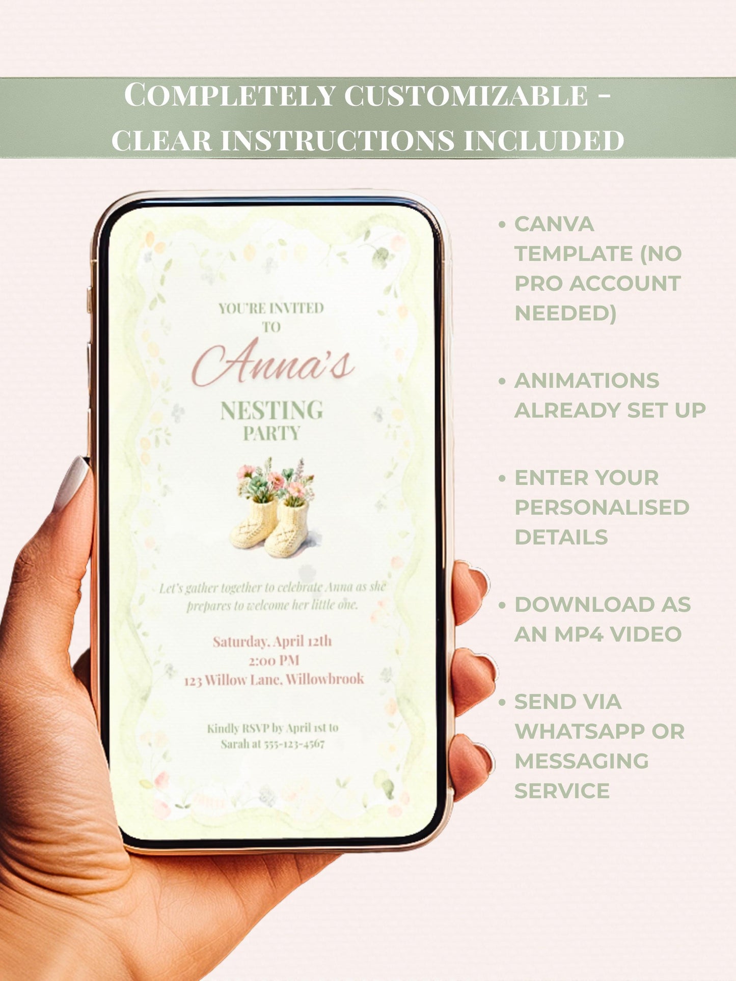 Animated Nesting Party Invitation-Digital Baby Shower Evite (Instant Download Editable Canva Template) Custom Newborn Arrival Invite