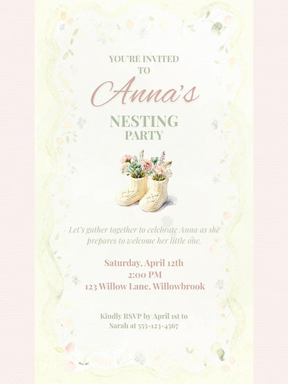 Animated Nesting Party Invitation-Digital Baby Shower Evite (Instant Download Editable Canva Template) Custom Newborn Arrival Invite