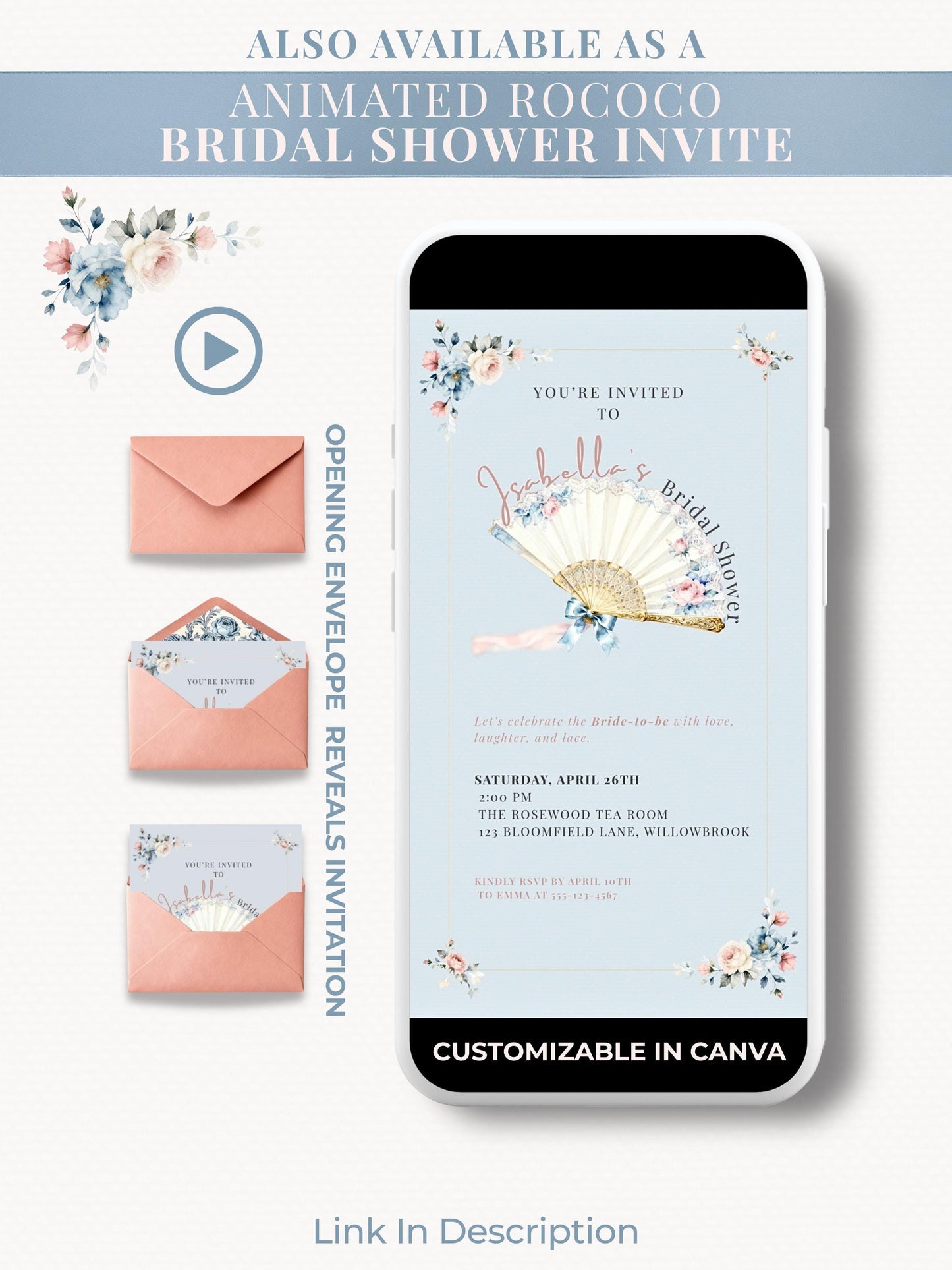 Rococo Bridal Shower Invitation-Wedding Luncheon, Bachelorette Hen Party Evite (Instant Download Editable Canva Template) Floral Invite