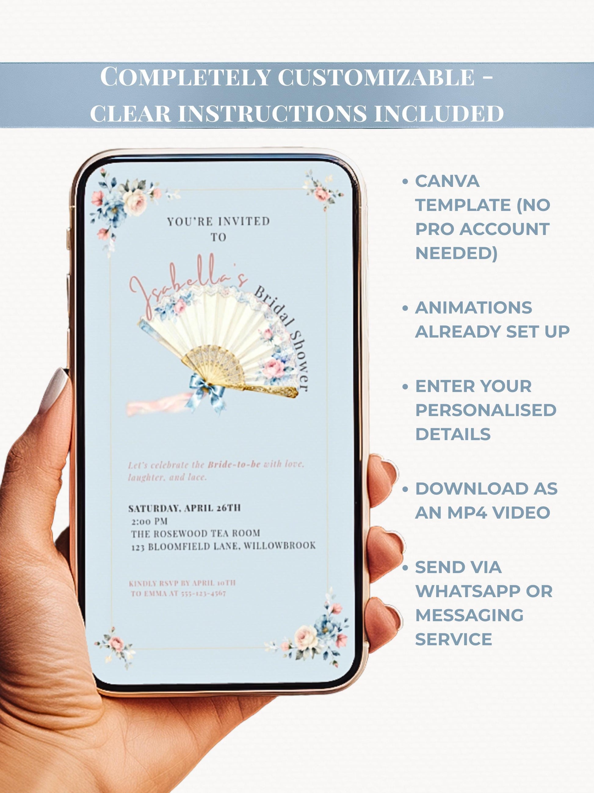 Animated Rococo Bridal Shower Evite-Wedding Luncheon, Bachelorette Hen Party Invitation (Instant Download Editable Canva Template Invite)