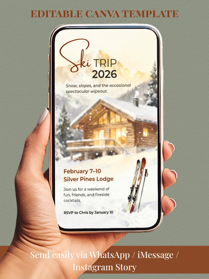 Animated Ski Trip Invitation - Winter Cabin Evite - Digital Snowy Getaway Weekend Party Invite (Instant Download Editable Canva Template)