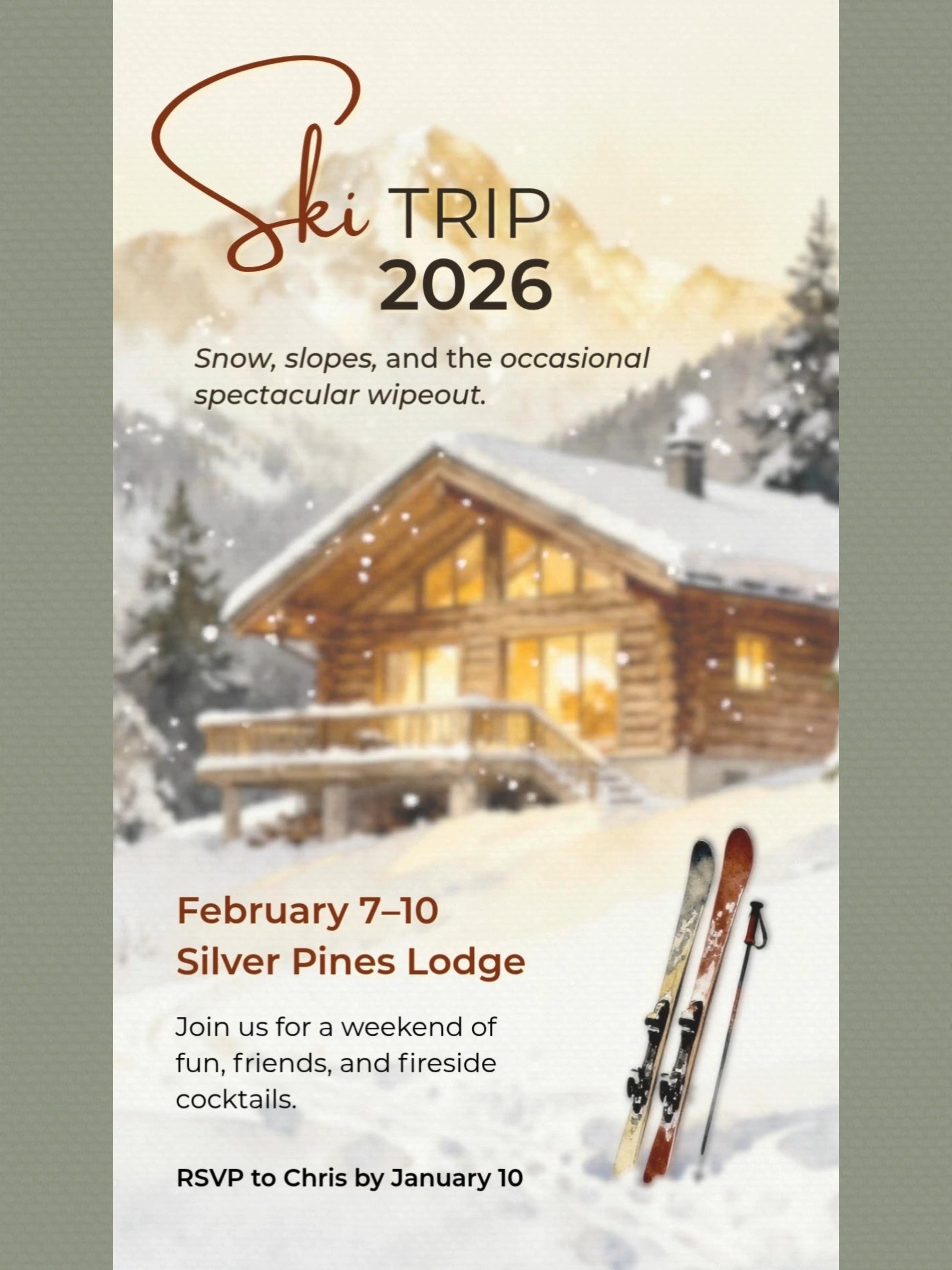 Animated Ski Trip Invitation - Winter Cabin Evite - Digital Snowy Getaway Weekend Party Invite (Instant Download Editable Canva Template)