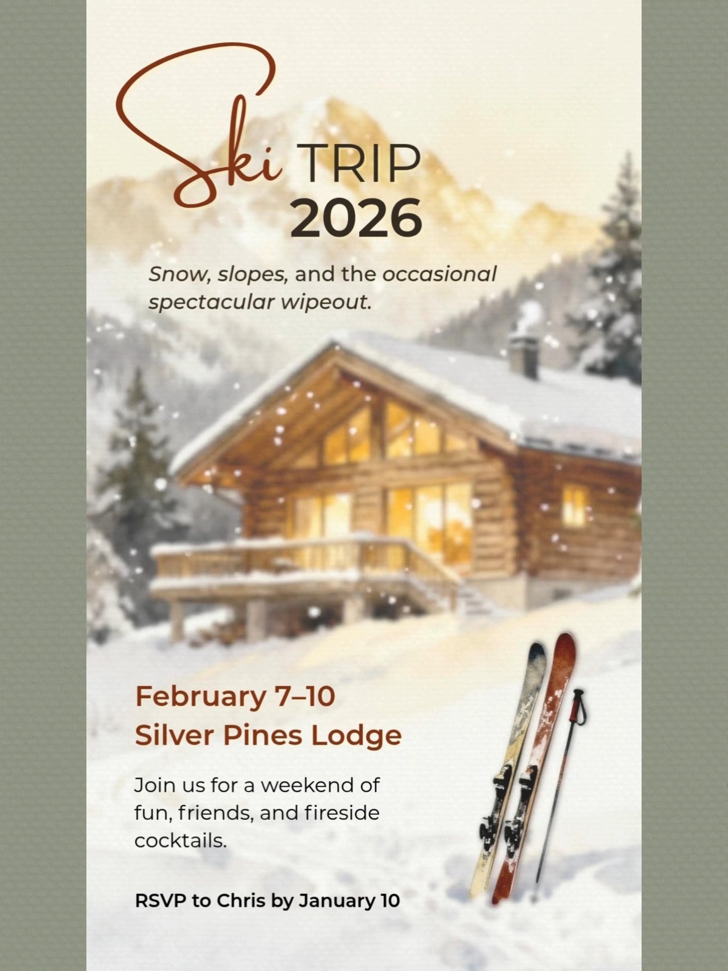 Animated Ski Trip Invitation - Winter Cabin Evite - Digital Snowy Getaway Weekend Party Invite (Instant Download Editable Canva Template)