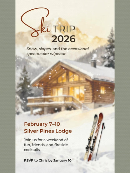 Animated Ski Trip Invitation - Winter Cabin Evite - Digital Snowy Getaway Weekend Party Invite (Instant Download Editable Canva Template)