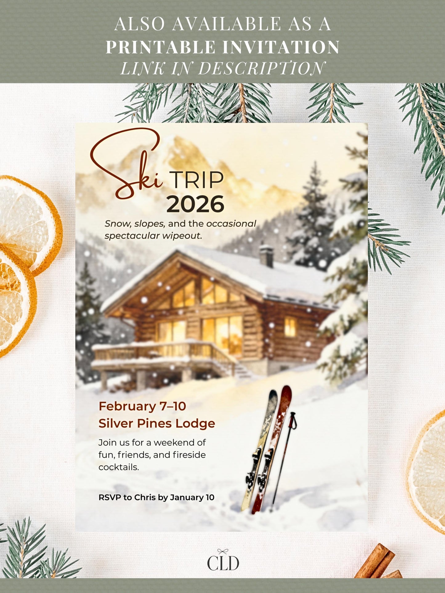 Animated Ski Trip Invitation - Winter Cabin Evite - Digital Snowy Getaway Weekend Party Invite (Instant Download Editable Canva Template)
