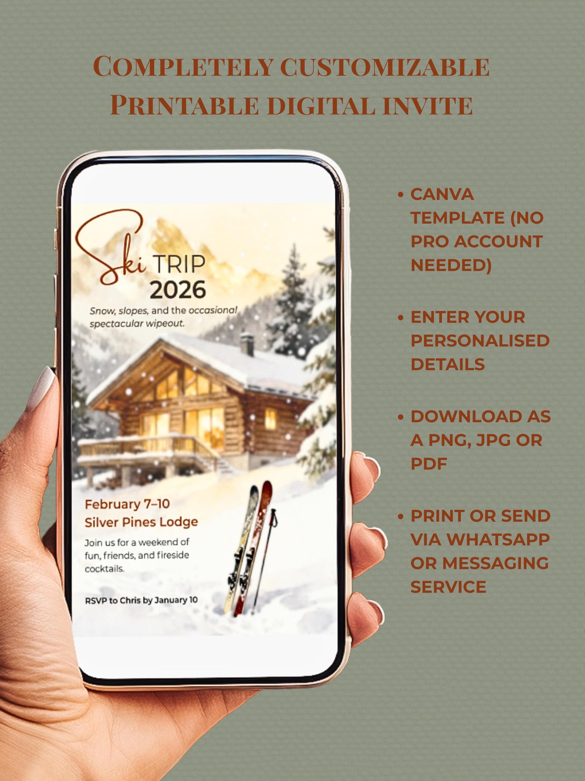Ski Trip Invitation - Printable Winter Getaway Invite - Cozy Cabin Lodge Weekend Party Evite (Instant Download Editable Canva Template)