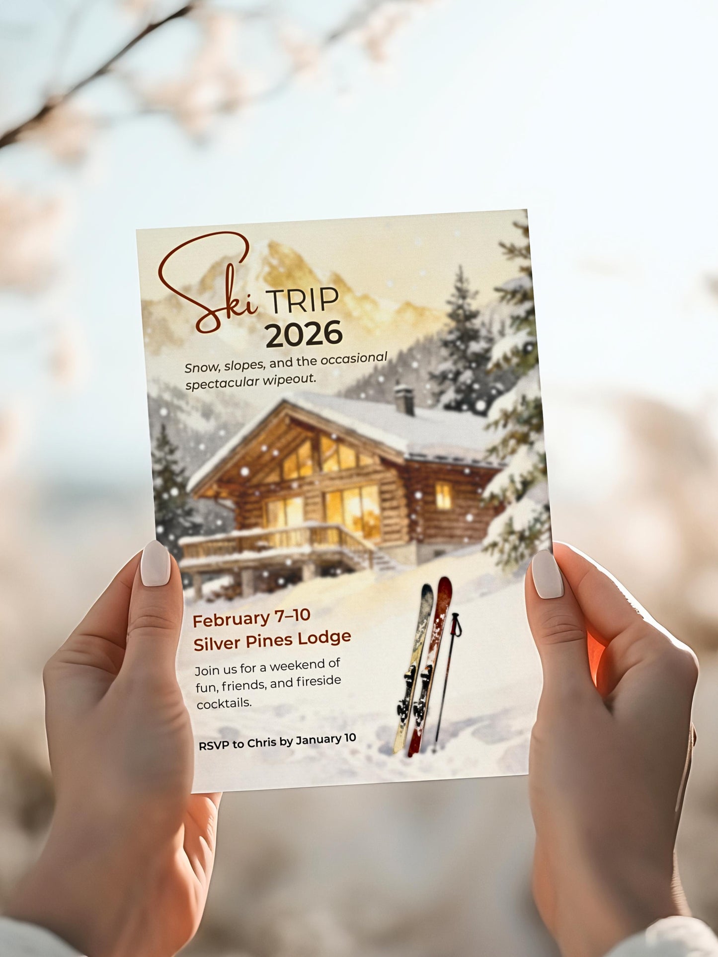 Ski Trip Invitation - Printable Winter Getaway Invite - Cozy Cabin Lodge Weekend Party Evite (Instant Download Editable Canva Template)