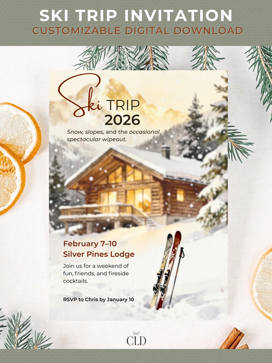 Printable ski trip invitation featuring a watercolor mountain cabin with glowing windows and snow-covered pine trees, skis in the foreground, and text reading “Ski Trip 2026” — customizable Canva template in warm neutral tones.