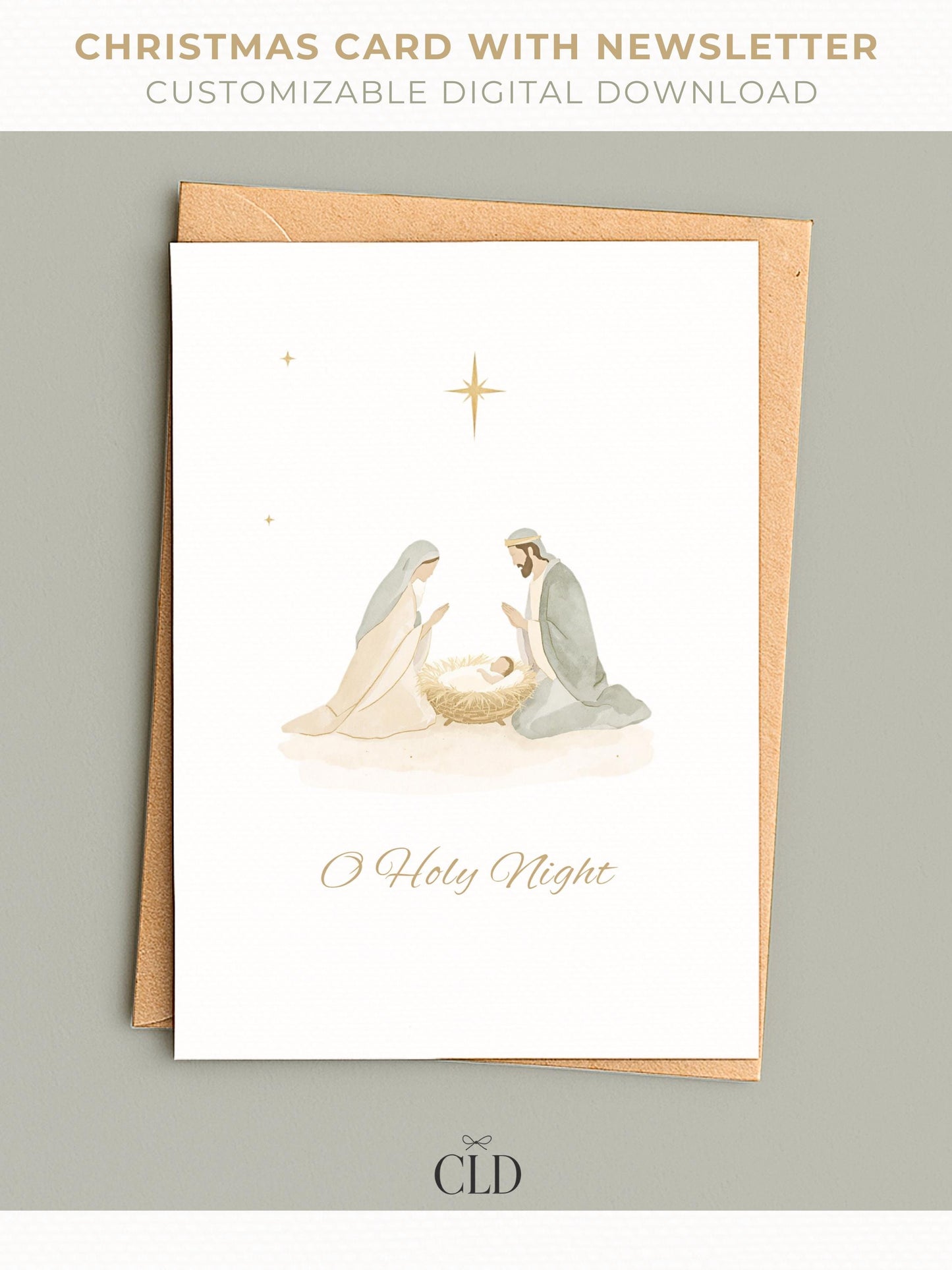 Minimalist watercolor nativity Christmas card with customizable family newsletter, editable Christian holiday template in Canva