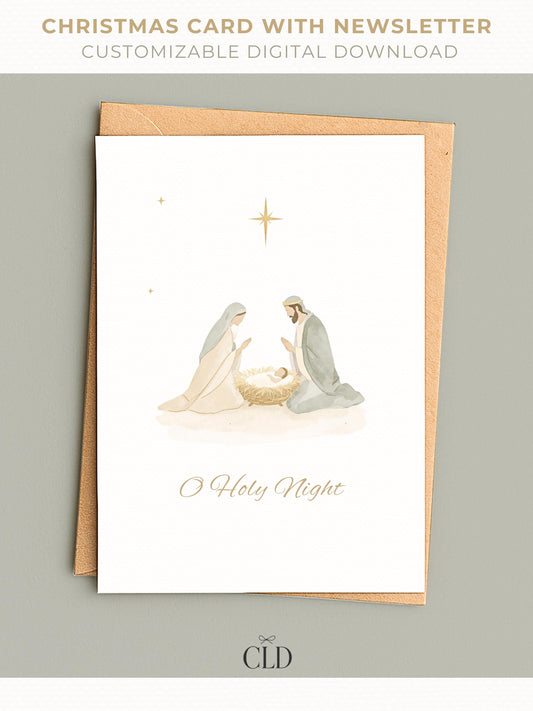 Minimalist watercolor nativity Christmas card with customizable family newsletter, editable Christian holiday template in Canva