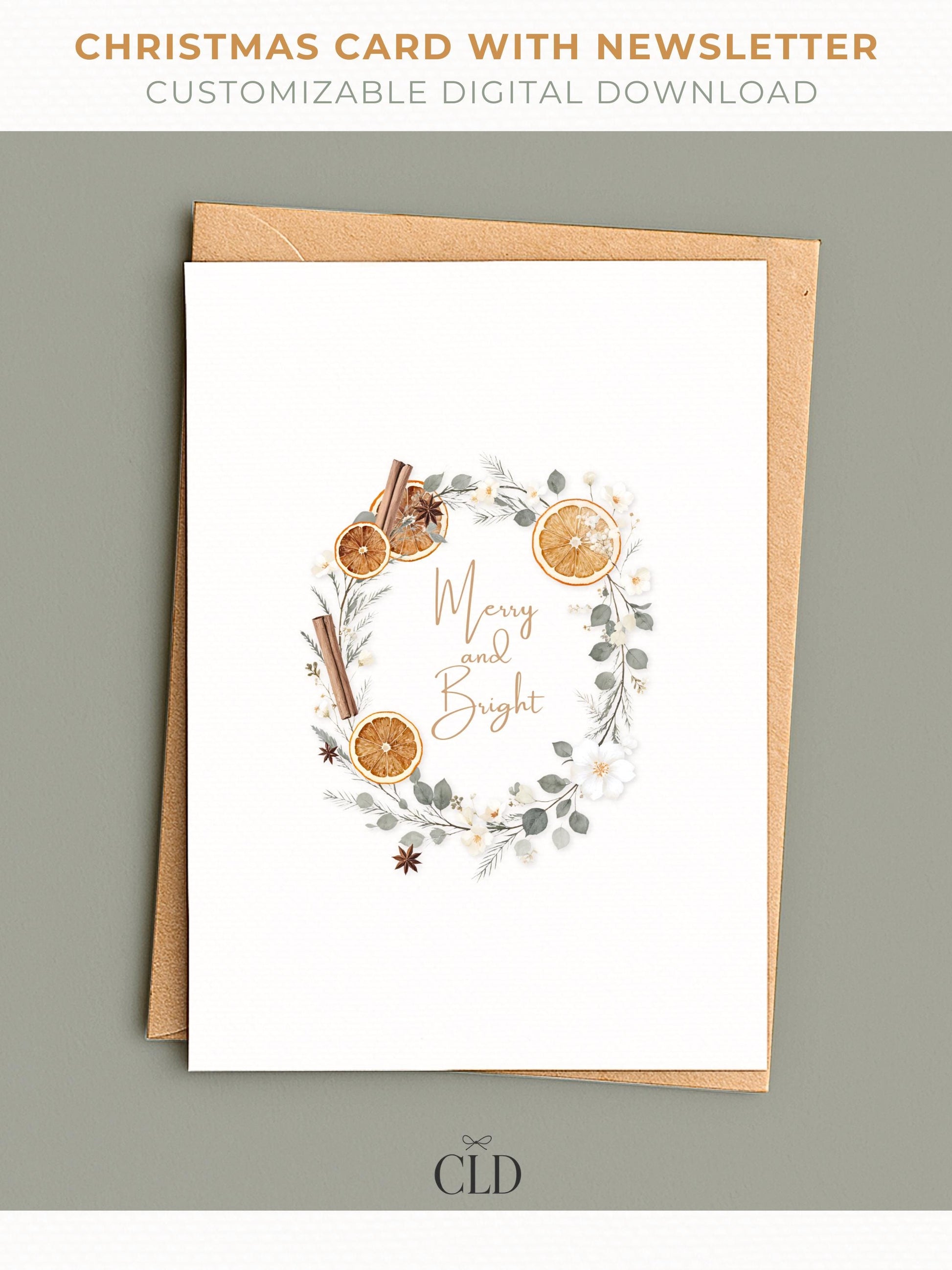 Elegant watercolor Christmas wreath card with customizable family newsletter, editable Canva holiday template