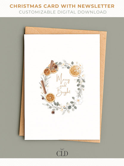 Elegant watercolor Christmas wreath card with customizable family newsletter, editable Canva holiday template
