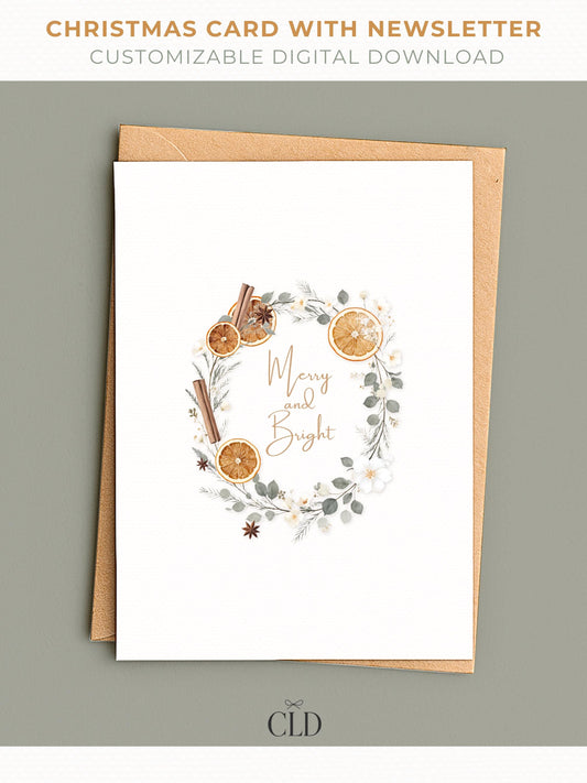 Elegant watercolor Christmas wreath card with customizable family newsletter, editable Canva holiday template