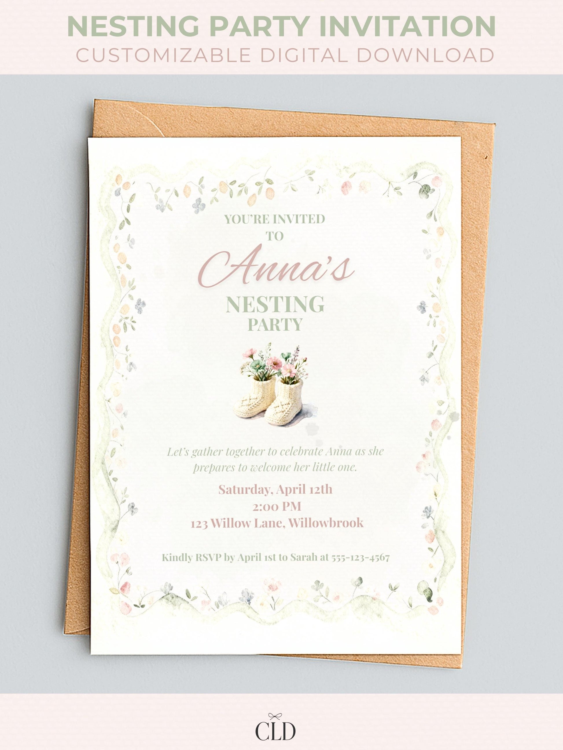 Editable nesting party invitation template featuring watercolor baby booties filled with soft florals and a delicate scalloped floral border. Neutral pastel green and blush tones. Perfect for baby shower or motherhood celebration
