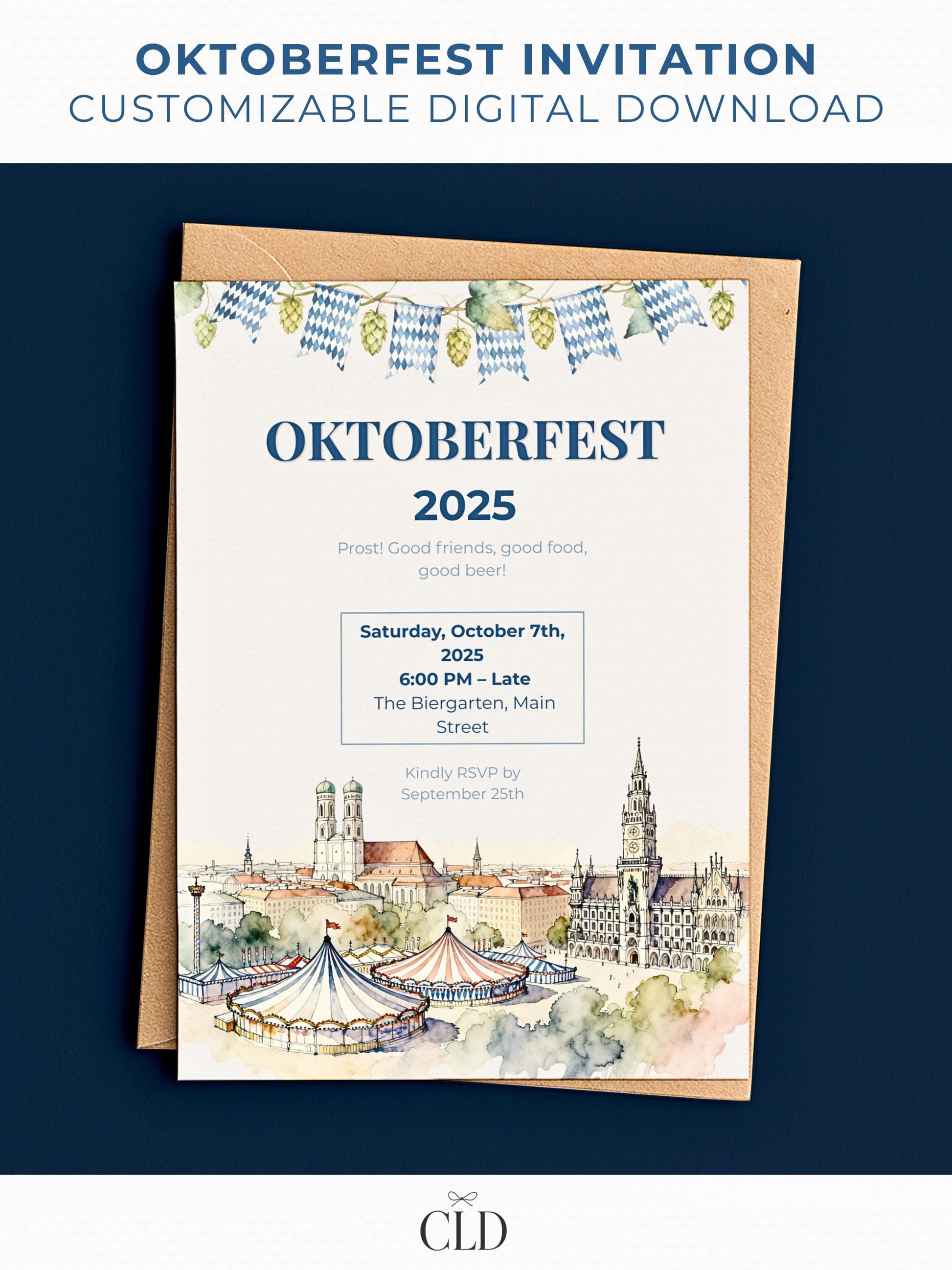 Elegant Oktoberfest invitation card mockup featuring a watercolor illustration of Munich’s skyline with festival tents in the foreground. The design includes hops and blue-and-white Bavarian flag bunting along the top, with navy and soft pastel text on a cream background, placed on a brown envelope over a dark blue backdrop.