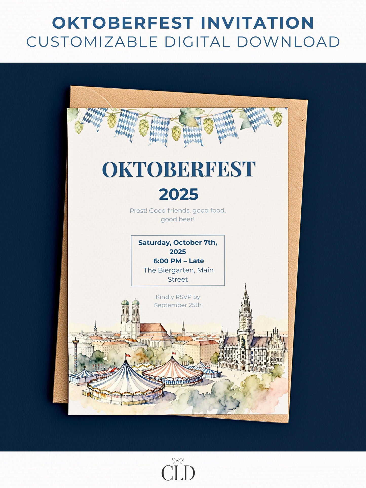 Elegant Oktoberfest invitation card mockup featuring a watercolor illustration of Munich’s skyline with festival tents in the foreground. The design includes hops and blue-and-white Bavarian flag bunting along the top, with navy and soft pastel text on a cream background, placed on a brown envelope over a dark blue backdrop.