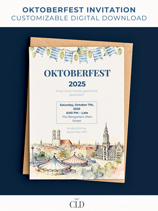 Elegant Oktoberfest invitation card mockup featuring a watercolor illustration of Munich’s skyline with festival tents in the foreground. The design includes hops and blue-and-white Bavarian flag bunting along the top, with navy and soft pastel text on a cream background, placed on a brown envelope over a dark blue backdrop.