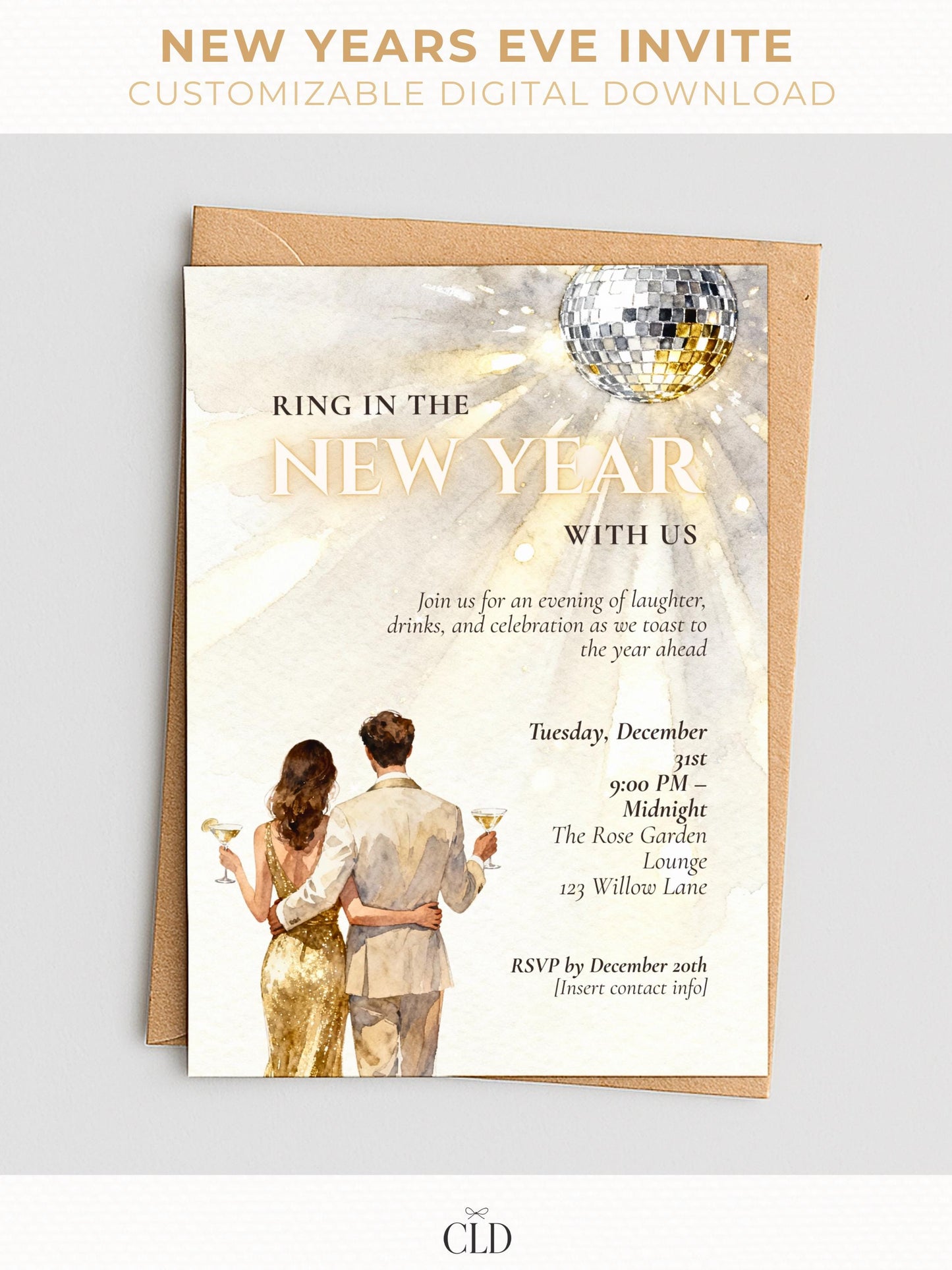 Elegant printable New Year’s Eve invitation featuring a chic watercolor couple holding champagne glasses with a golden disco ball above, shown as a customizable Canva template for digital or print use