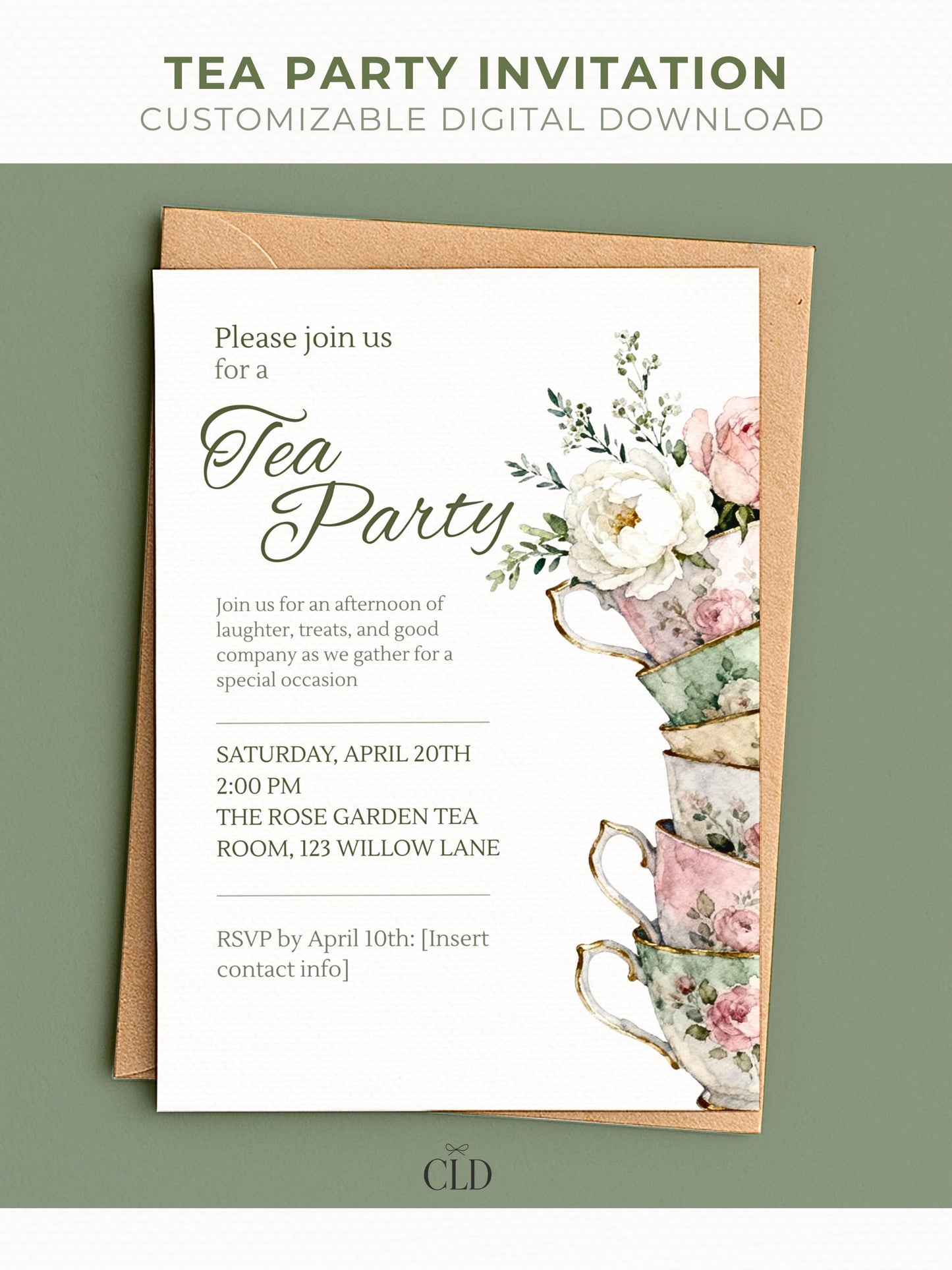 Elegant printable tea party invitation template featuring a watercolor stack of vintage floral teacups with white and pink flowers. Customizable digital download perfect for birthdays, bridal showers, or afternoon tea gatherings