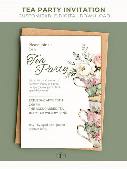 Elegant printable tea party invitation template featuring a watercolor stack of vintage floral teacups with white and pink flowers. Customizable digital download perfect for birthdays, bridal showers, or afternoon tea gatherings
