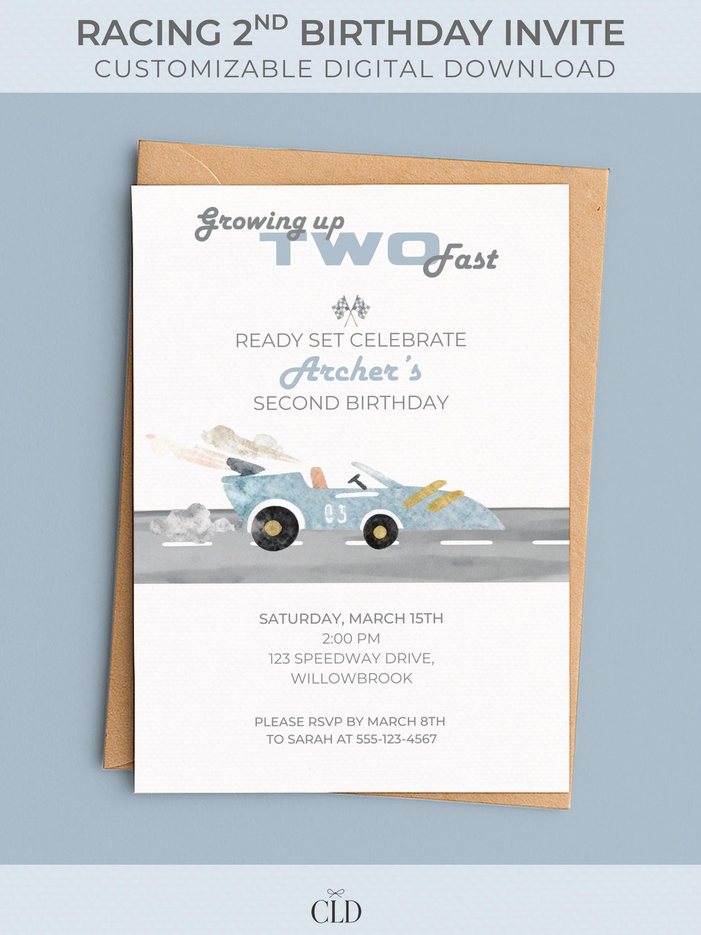 Growing up TWO fast&quot; printable racing birthday invitation with a watercolor race car design. Perfect for a second birthday party, the invite is shown on a white background with soft shadows, highlighting the customizable Canva template for printing or digital sharing.
