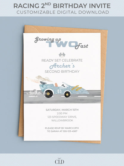 Growing up TWO fast&quot; printable racing birthday invitation with a watercolor race car design. Perfect for a second birthday party, the invite is shown on a white background with soft shadows, highlighting the customizable Canva template for printing or digital sharing.