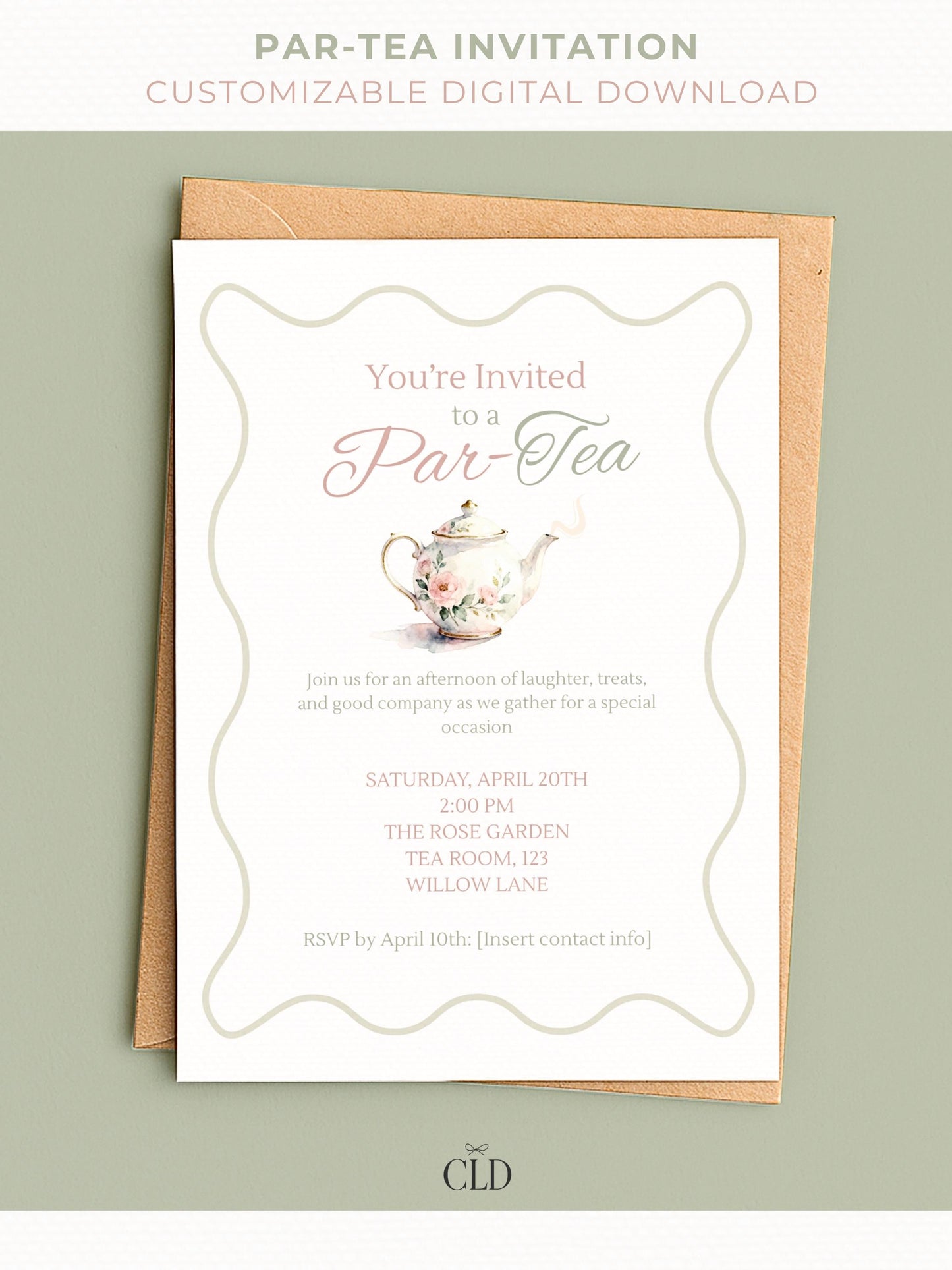 Elegant “Par-Tea” invitation card mockup featuring a watercolor floral teapot illustration and scalloped border design. The text invites guests to an afternoon tea party with soft pastel pink and sage green typography, displayed on a white card with a brown envelope on a muted sage background