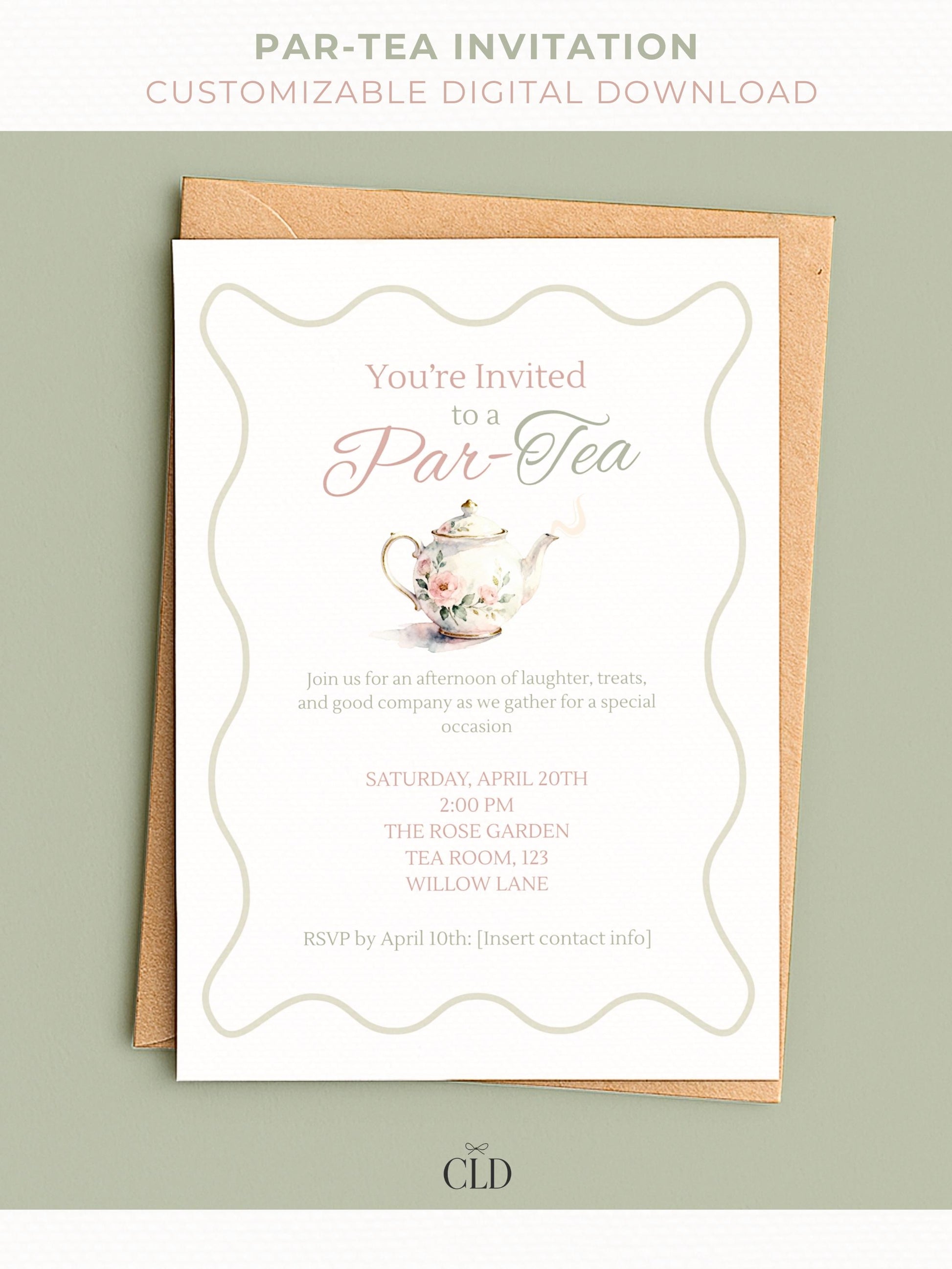 Elegant “Par-Tea” invitation card mockup featuring a watercolor floral teapot illustration and scalloped border design. The text invites guests to an afternoon tea party with soft pastel pink and sage green typography, displayed on a white card with a brown envelope on a muted sage background
