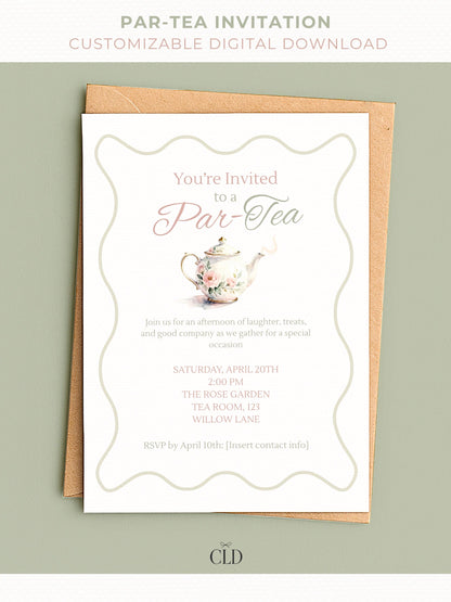 Elegant “Par-Tea” invitation card mockup featuring a watercolor floral teapot illustration and scalloped border design. The text invites guests to an afternoon tea party with soft pastel pink and sage green typography, displayed on a white card with a brown envelope on a muted sage background