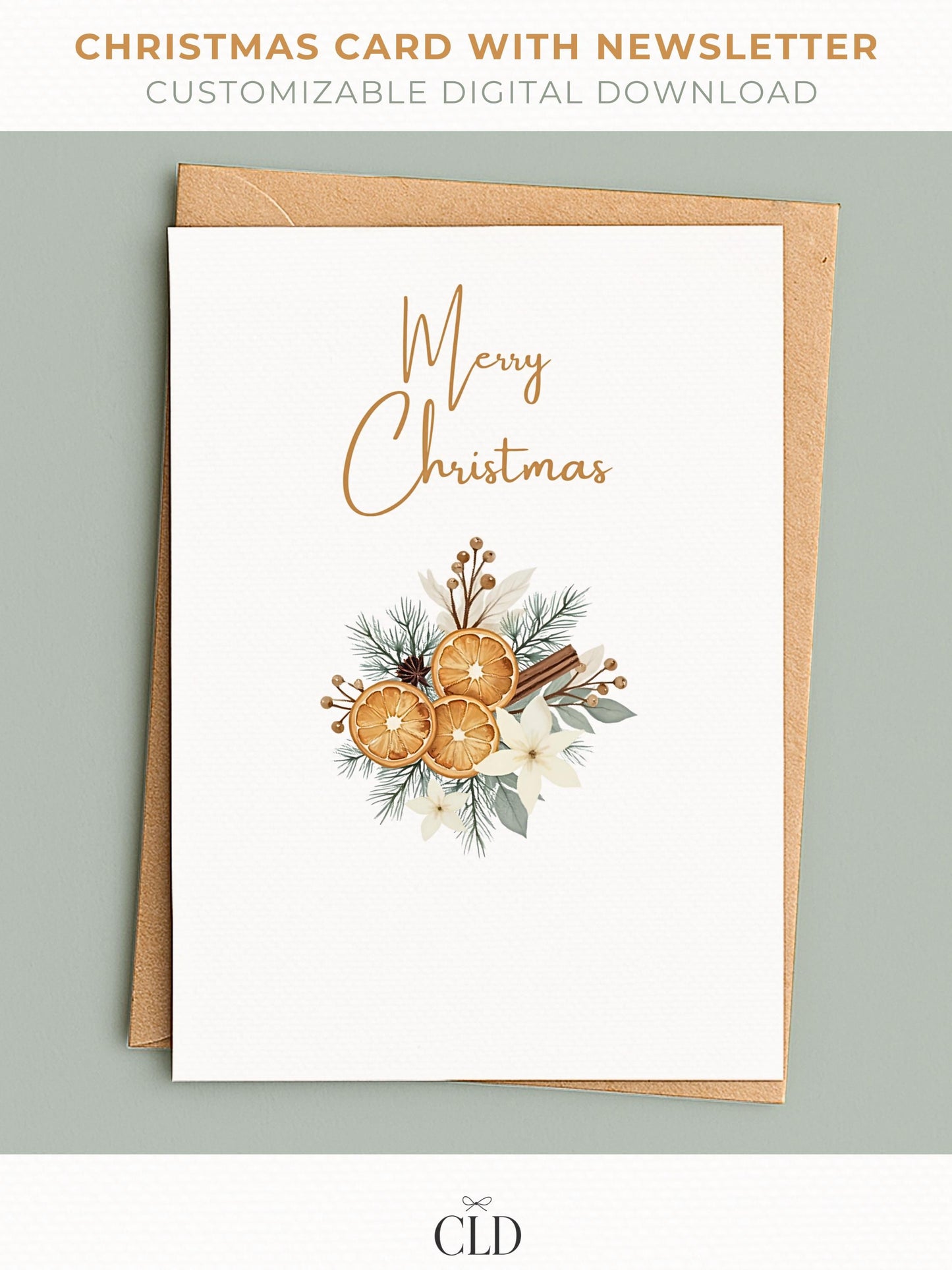 Neutral rustic Christmas card with watercolor dried oranges and cinnamon sticks, customizable family newsletter editable in Canva