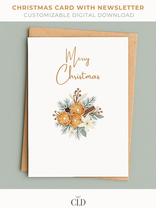 Neutral rustic Christmas card with watercolor dried oranges and cinnamon sticks, customizable family newsletter editable in Canva