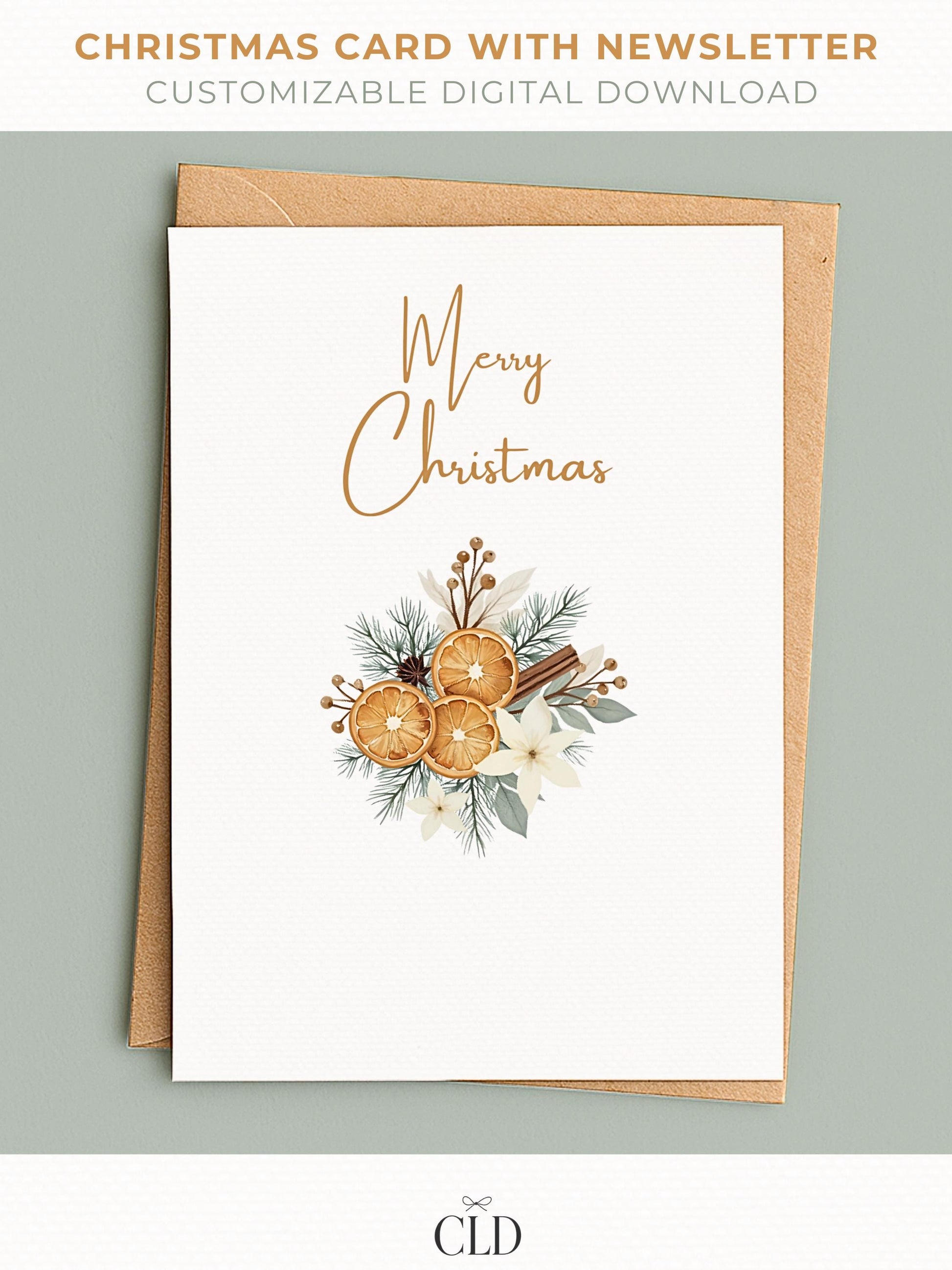 Neutral rustic Christmas card with watercolor dried oranges and cinnamon sticks, customizable family newsletter editable in Canva