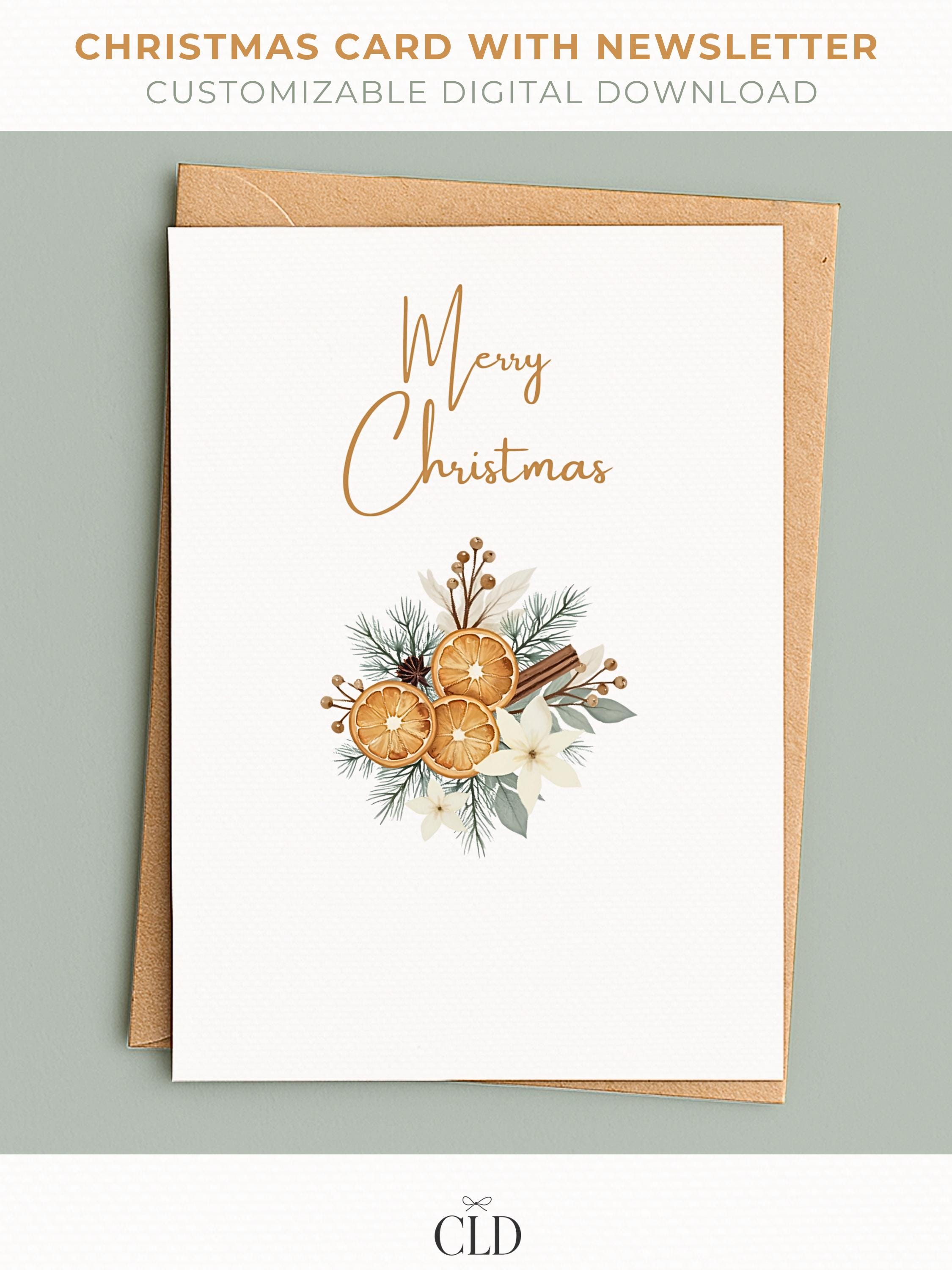 Neutral rustic Christmas card with watercolor dried oranges and cinnamon sticks, customizable family newsletter editable in Canva
