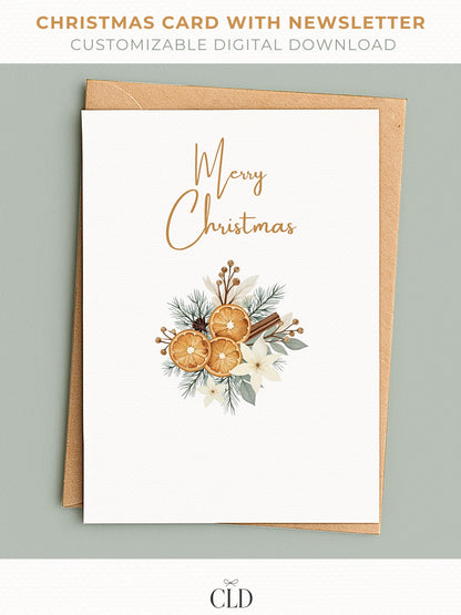 Neutral rustic Christmas card with watercolor dried oranges and cinnamon sticks, customizable family newsletter editable in Canva