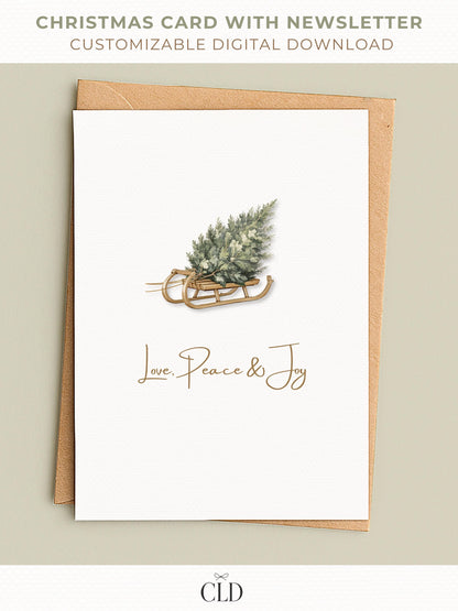 Minimalist Christmas card featuring a watercolor illustration of a wooden sled carrying a small evergreen tree, with elegant gold script text that reads 'Love, Peace & Joy.' The card is displayed on top of a white envelope, styled on a clean, neutral background. Branding logo 'CLD' is visible at the bottom