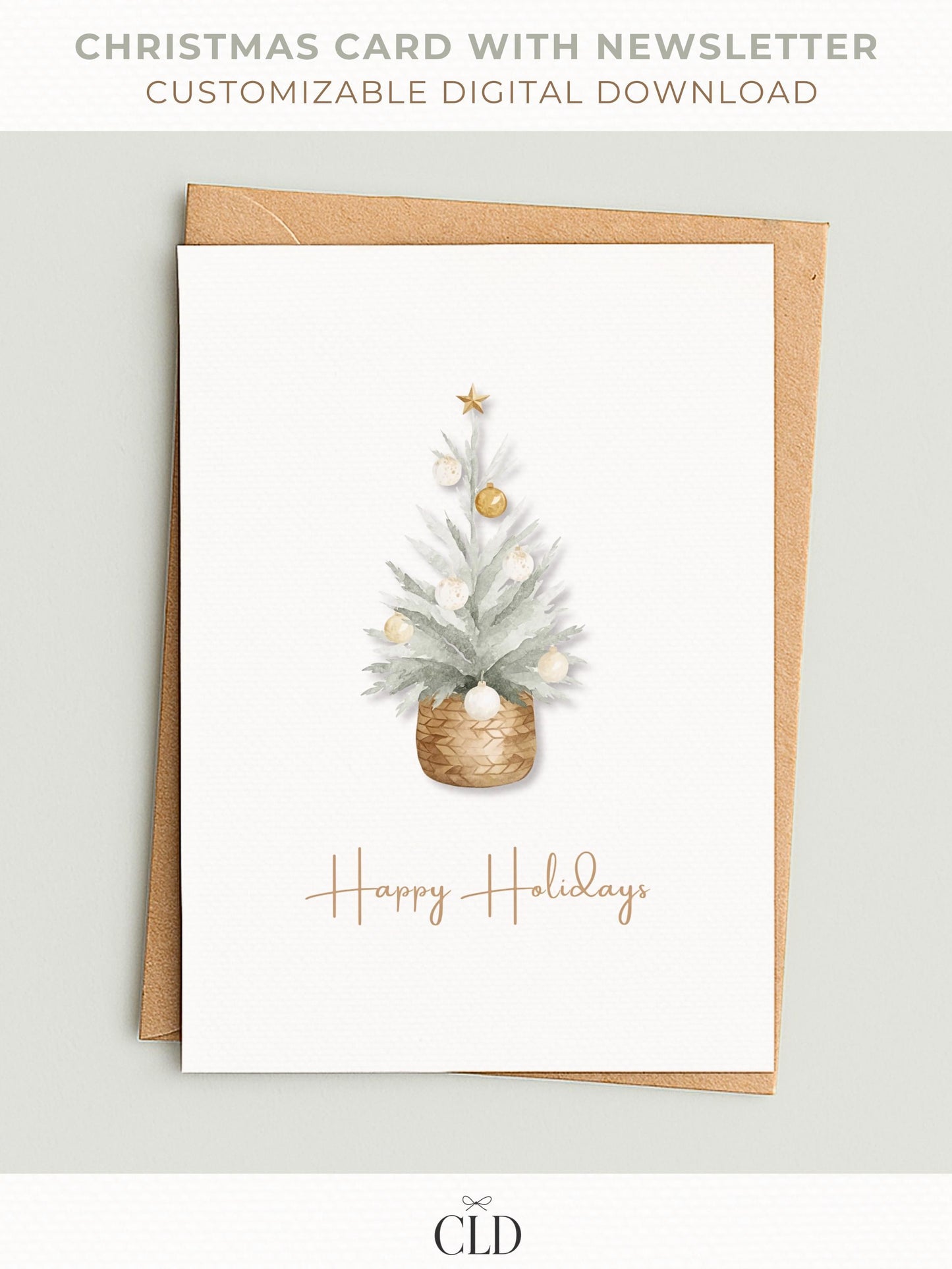 Neutral watercolor Christmas card with minimalist tree design and customizable family newsletter, editable Canva template