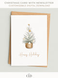 Neutral watercolor Christmas card with minimalist tree design and customizable family newsletter, editable Canva template