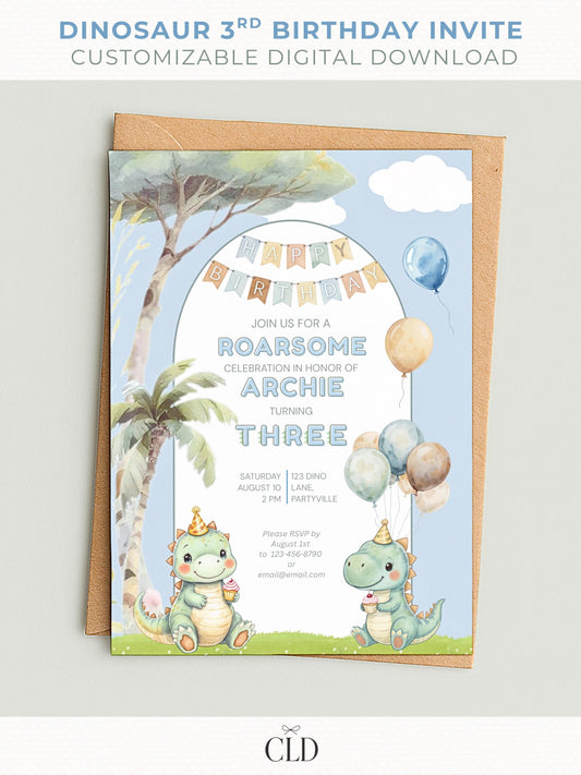 Adorable dinosaur-themed 3rd birthday invitation featuring two cute watercolor dinosaurs wearing party hats, surrounded by balloons, palm trees, and a &#39;Happy Birthday&#39; banner. The invitation has a soft pastel blue background with playful typography and reads, &#39;Join us for a ROARsome celebration in honor of Archie turning three.&#39; The card is displayed on top of a white envelope with a clean, minimal background and &#39;CLD&#39; branding at the bottom