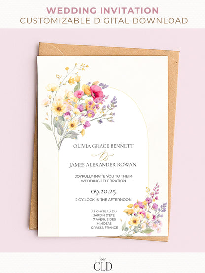 A floral french riviera inspired wedding invitation displayed on a card and phone. A customizable digital download with watercolor flowers and modern arch.
