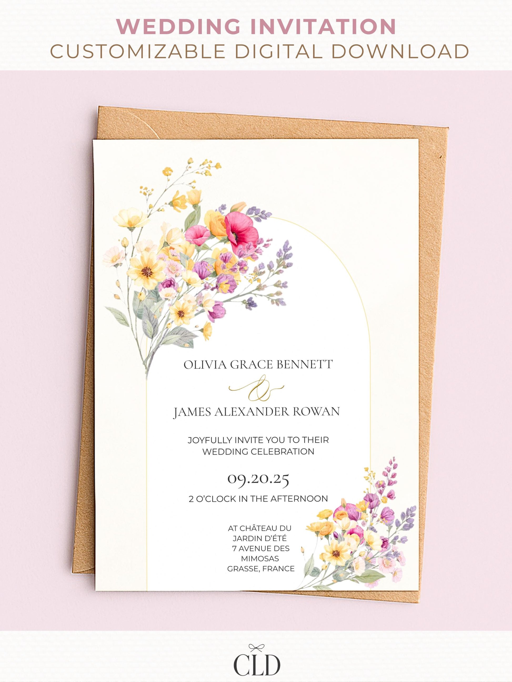A floral french riviera inspired wedding invitation displayed on a card and phone. A customizable digital download with watercolor flowers and modern arch.