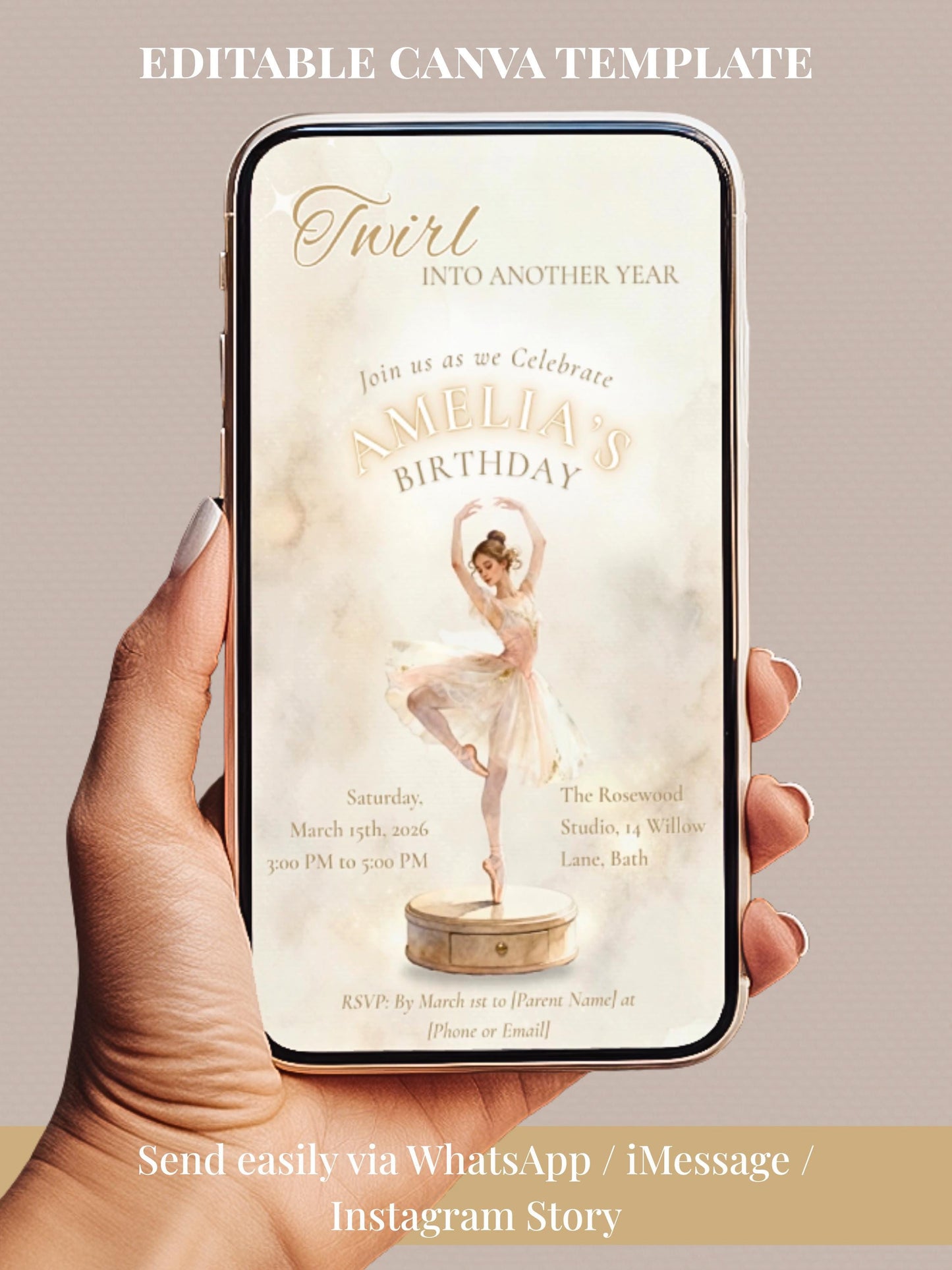 Animated Ballerina Birthday Invitation-Dance Kids Party Invite (Custom Instant Download Canva Template) Elegant Music Box Video Evite
