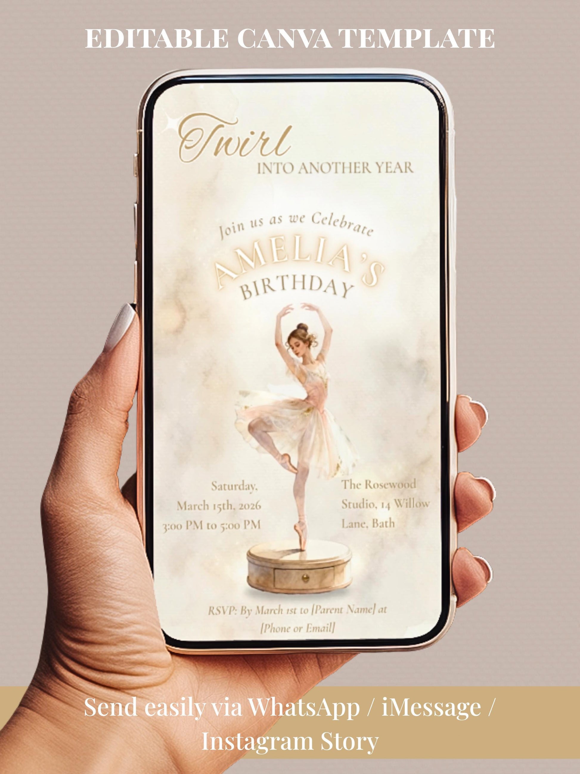 Animated Ballerina Birthday Invitation-Dance Kids Party Invite (Custom Instant Download Canva Template) Elegant Music Box Video Evite