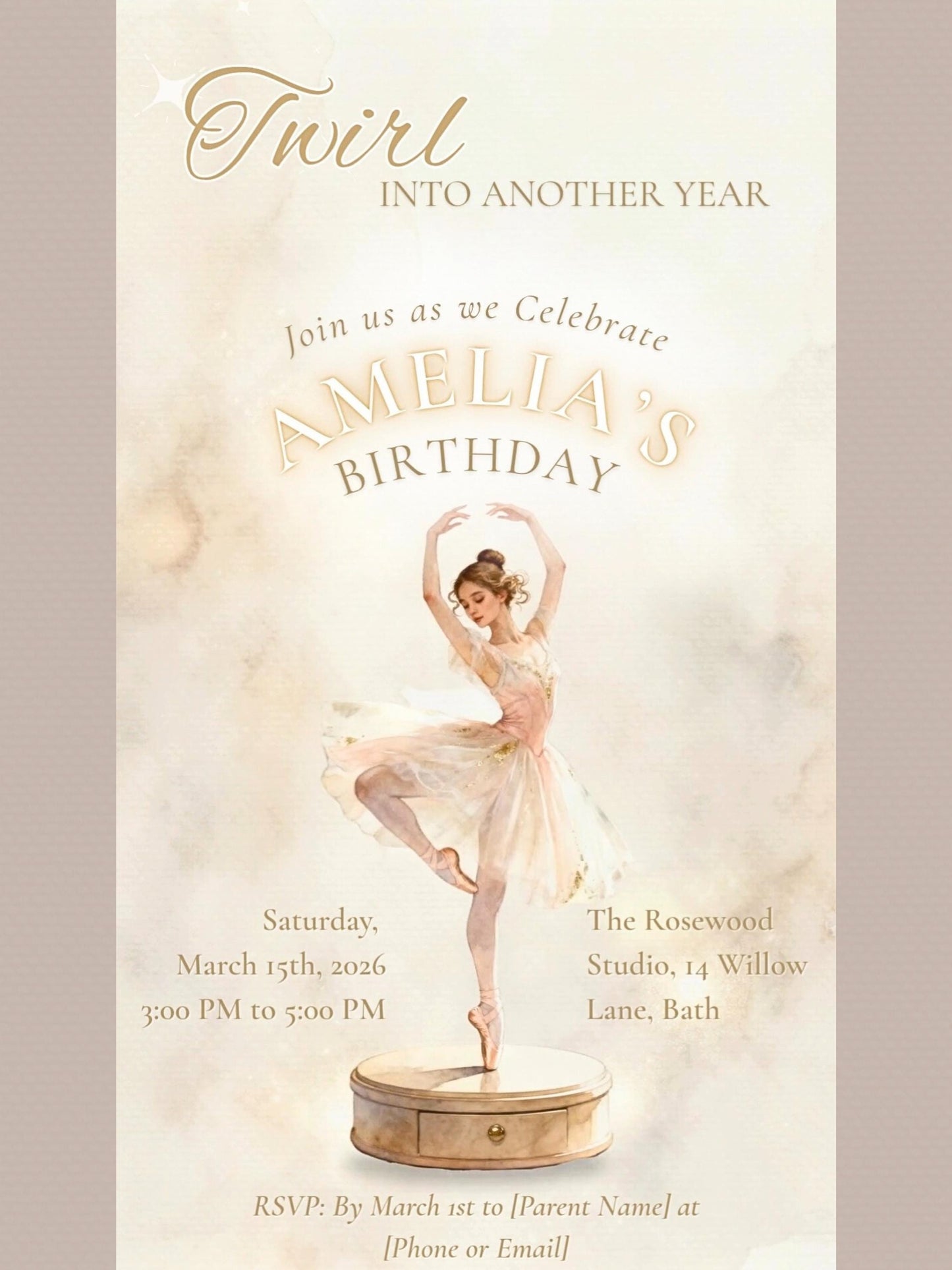 Animated Ballerina Birthday Invitation-Dance Kids Party Invite (Custom Instant Download Canva Template) Elegant Music Box Video Evite