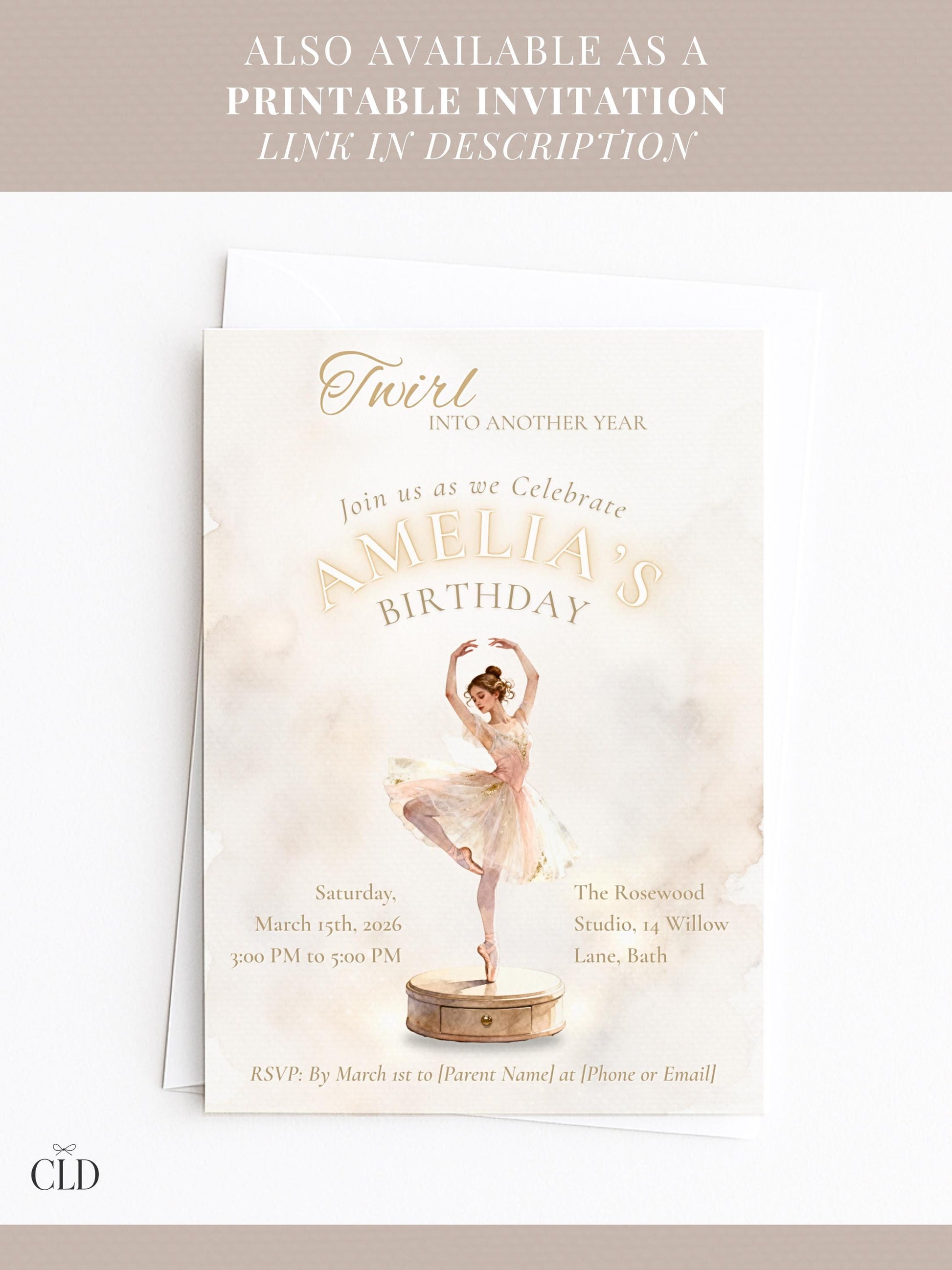 Animated Ballerina Birthday Invitation-Dance Kids Party Invite (Custom Instant Download Canva Template) Elegant Music Box Video Evite