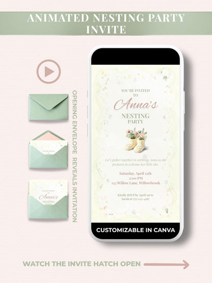 Animated digital nesting party invitation featuring watercolor baby booties with flowers, displayed inside a sage green envelope and customizable in Canva. Modern baby shower evite with envelope animation shown on smartphone mockup
