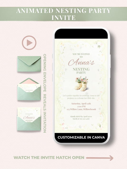 Animated digital nesting party invitation featuring watercolor baby booties with flowers, displayed inside a sage green envelope and customizable in Canva. Modern baby shower evite with envelope animation shown on smartphone mockup
