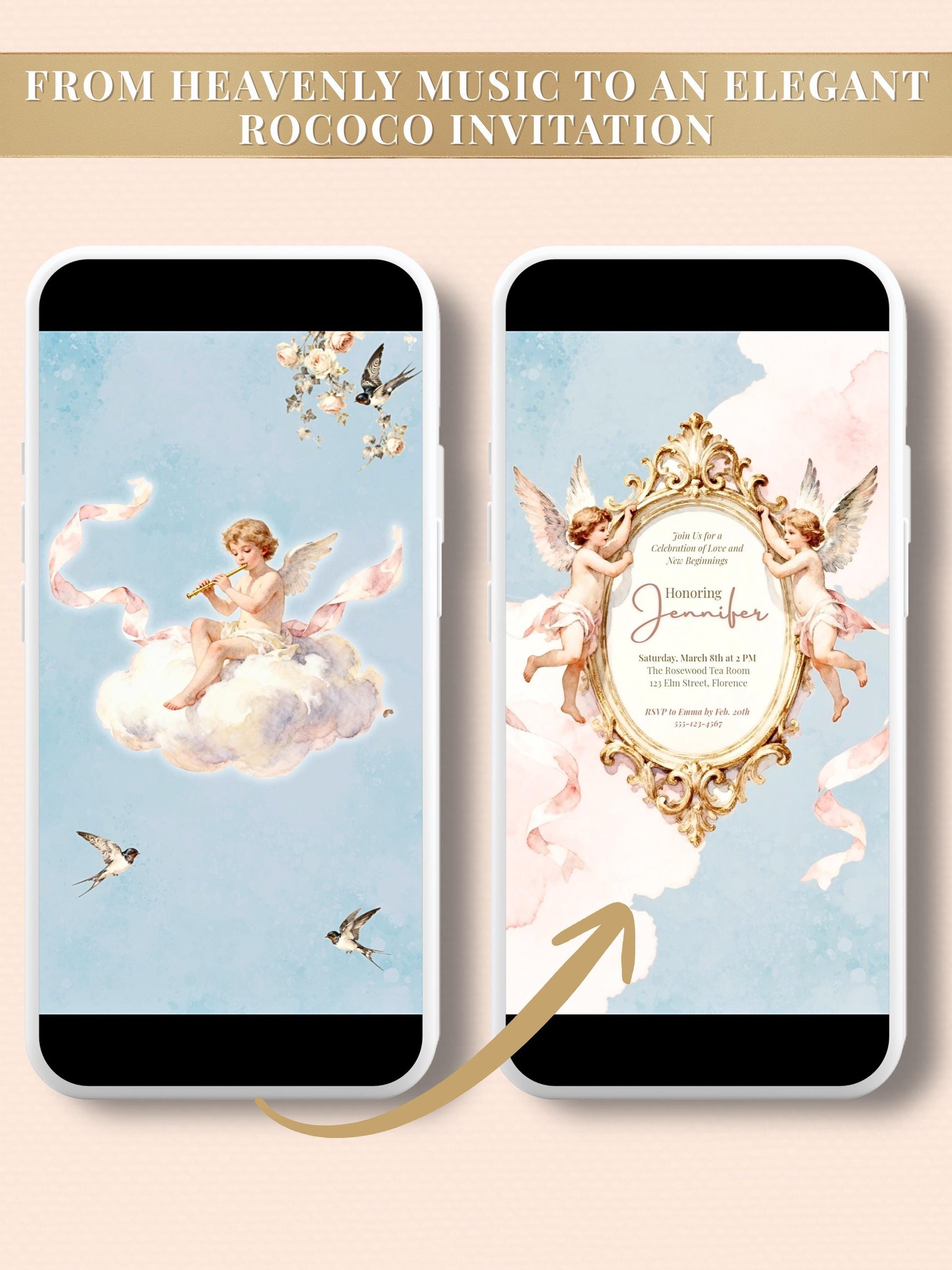 Animated Rococo Cherub Baby Shower Invitation-Regencycore Digital Evite (Instant Download Editable Canva Template) Nesting Party Invite