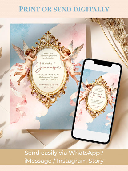 Rococo Cherub Baby Shower Invitation - Regencycore Printable Invite (Instant Download Editable Canva Template) Nesting Party Digital Evite