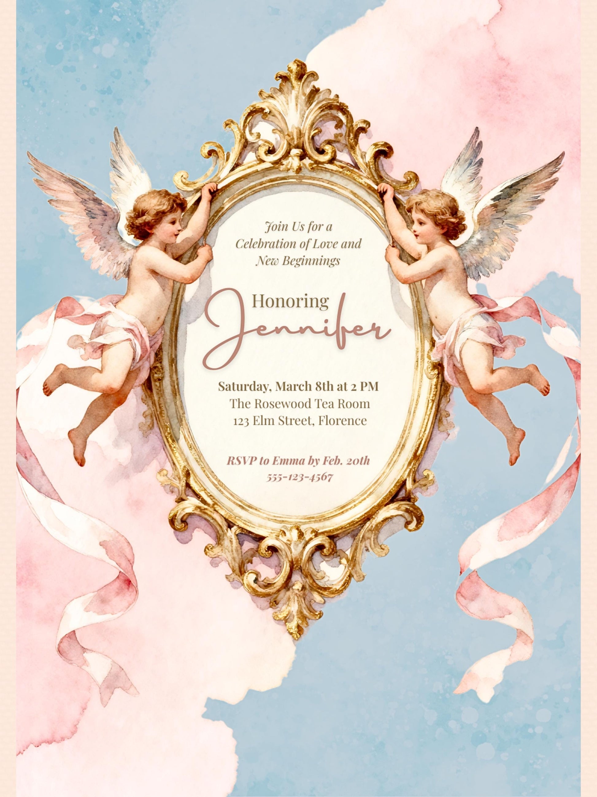 Rococo Cherub Baby Shower Invitation - Regencycore Printable Invite (Instant Download Editable Canva Template) Nesting Party Digital Evite