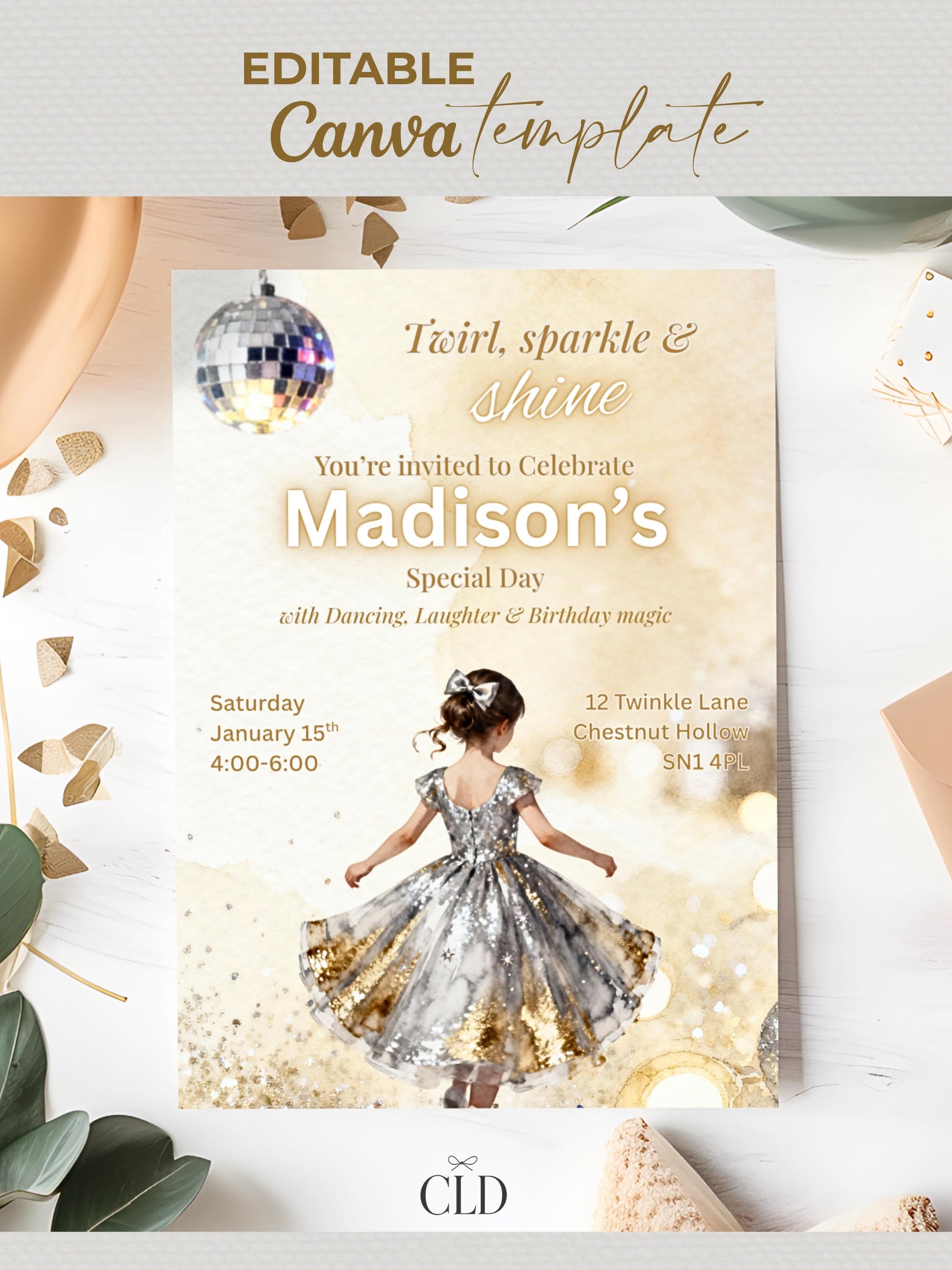 Girl's Dance Birthday Invitation-Twirl and Sparkle Party Invite/Disco Theme(Printable Instant Download Canva Template Evite)